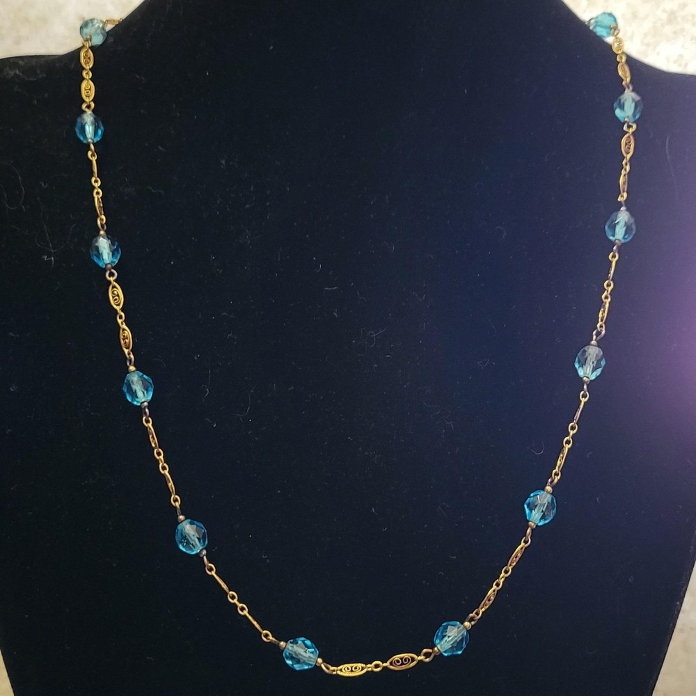Vintage Unsigned Gold Tone Filigree Chain & Blue Crystal Beads 24" Necklace